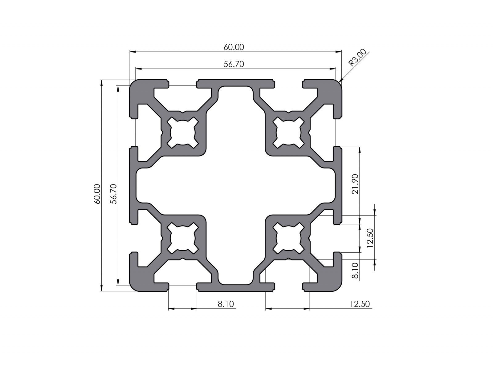 Aluminiumprofil 60x60 Nut 8 B-Typ